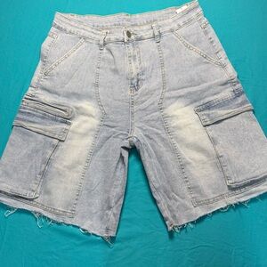 Mens Jean Cargo Shorts Denim Utility Pocket Distressed Blue Street XL NWOT
